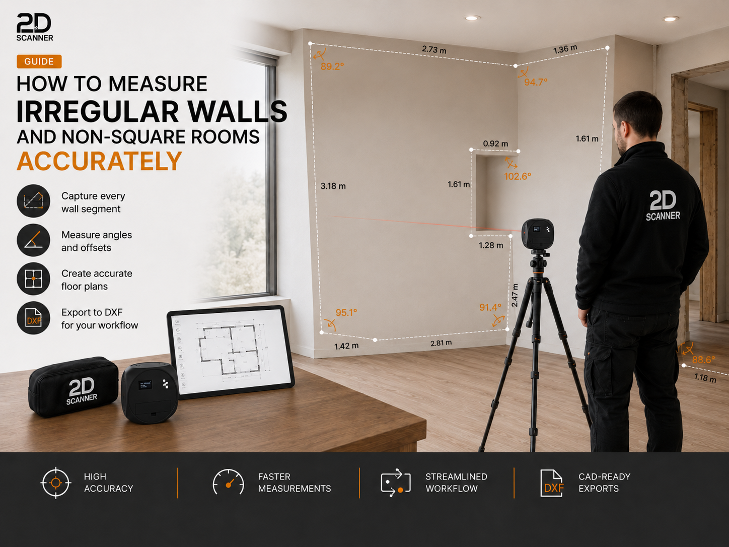 Come misurare pareti irregolari e ambienti non quadrati con precisione. Usando lo strumento di misurazione laser 2Dscanner.