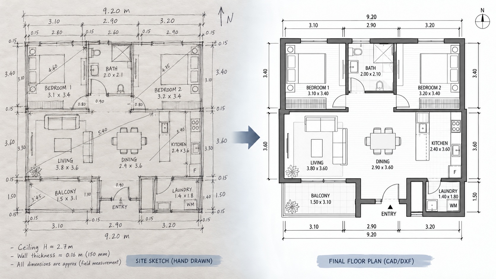 Room scan turned into a DXF floor plan ready for CAD